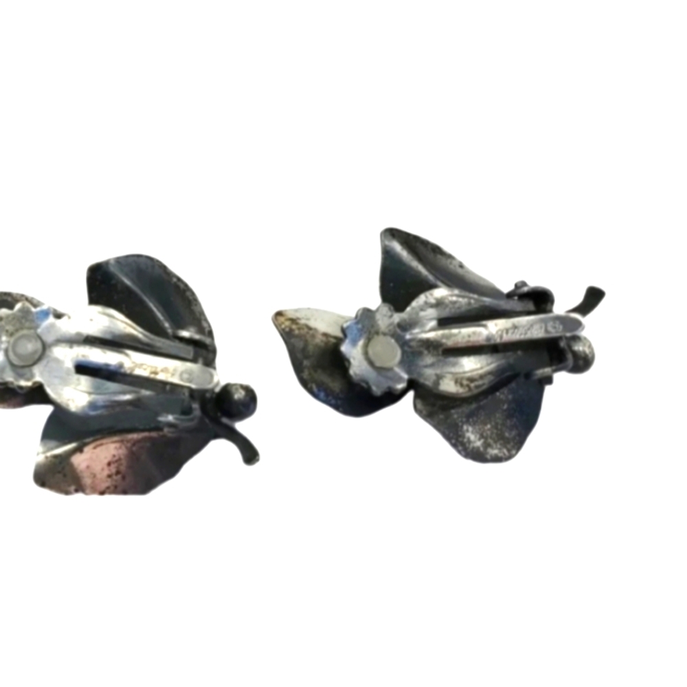 Botticelli Vintage 60s Blackened Silver Rare Leaf Clip On Earrings - Picture 2 of 12